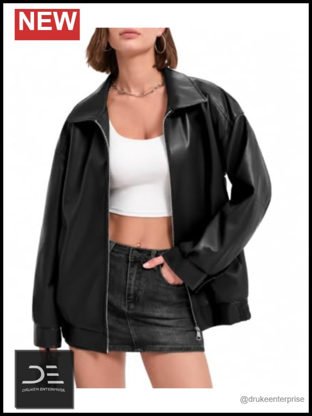 Faux Leather Oversized Bomber Motorcycle Jacket Zip Snap Cuff Women